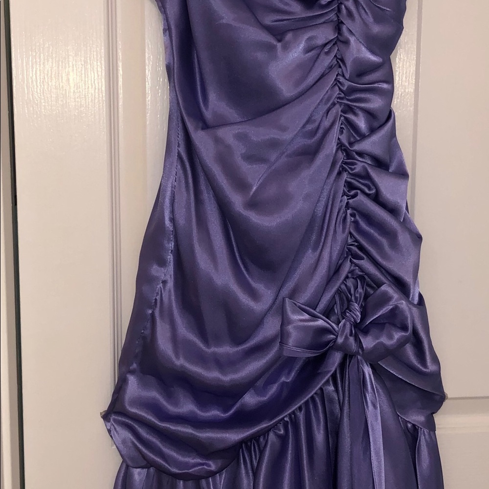 Purple silky evening,party,cocktail dress spaghetti straps,rushed w/ruffled hem